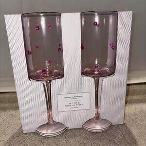 Cupcakes & Cashmere Set Of 2 Wine Glasses Pink Beaded Dots 3D NEW